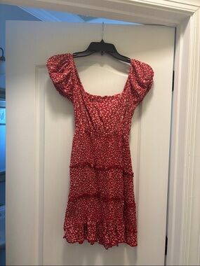 Red Floral Puff-Sleeve Mini Dress